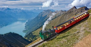 Switzerland. get natural. The Brienzer Rothorn steam-powered cogwheel train in the Bernese Oberland. View of Lake Brienz. 